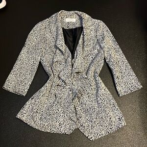 Calvin Klein Women's Open Ruffle Front Black White Blazer Jacket Open 3/4